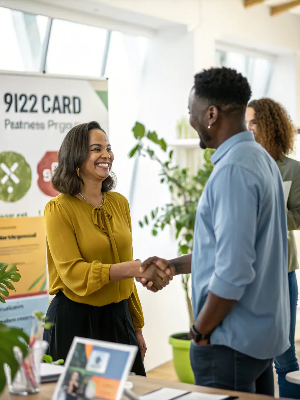 A group of diverse business owners smiling and shaking hands, symbolizing partnership and collaboration within the Buy Local Collective.
