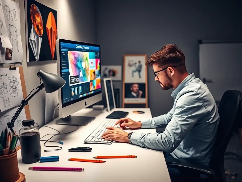 A graphic designer working on a visually appealing postcard design featuring logos of various local businesses, set against a backdrop of neighborhood landmarks.