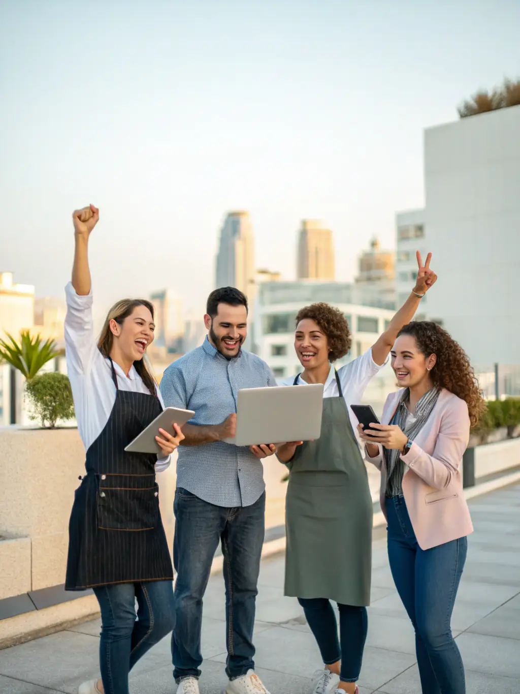 A diverse group of local business owners smiling and collaborating, representing the Buy Local Collective.