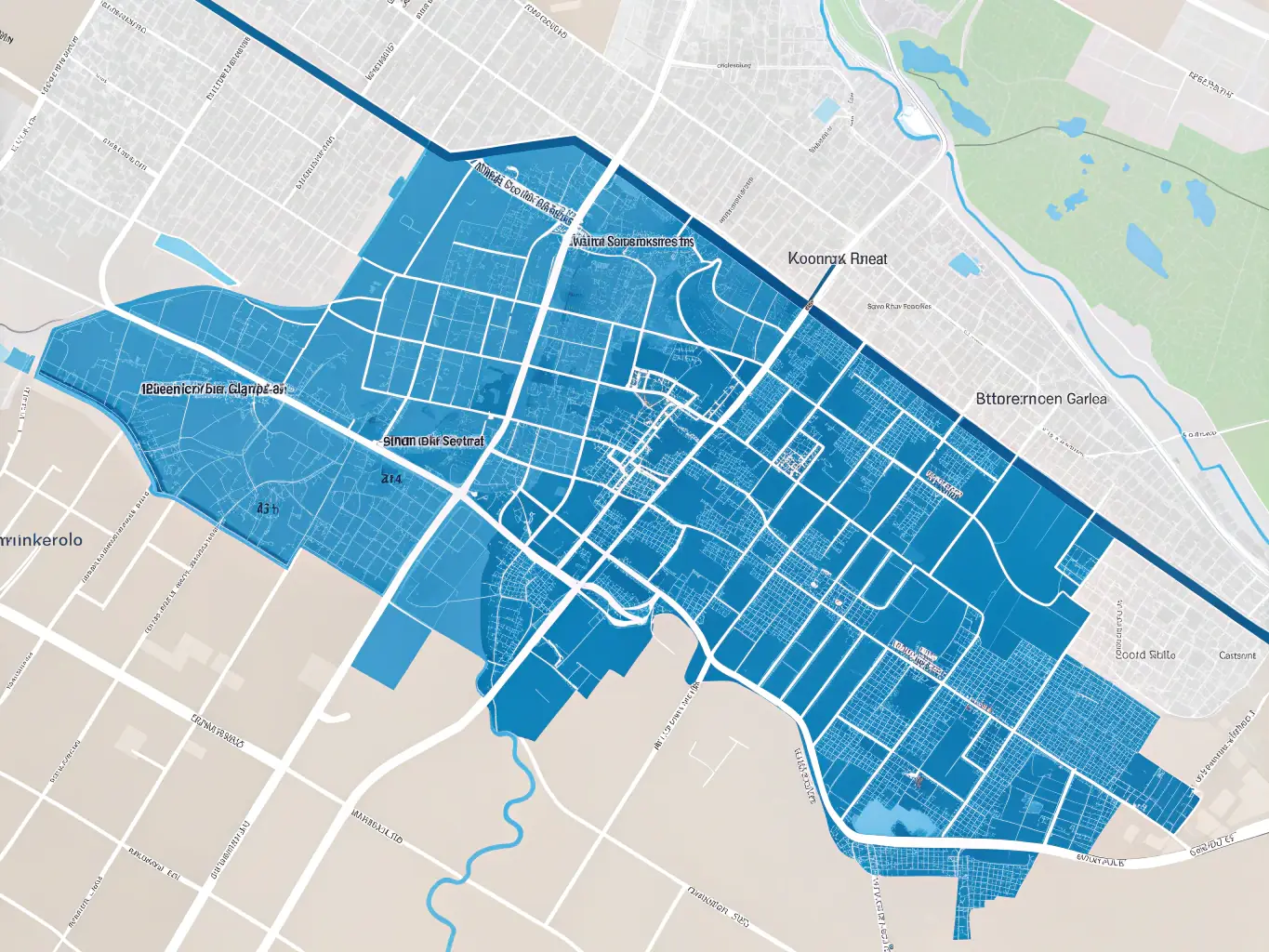 An image depicting a map of a city neighborhood with highlighted areas representing targeted mailing zones for Buy Local Collective's postcard campaigns.